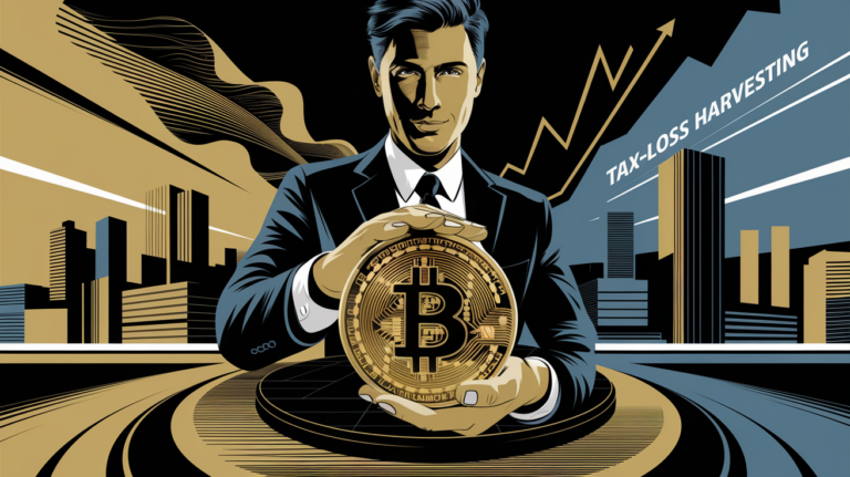 An advertising illustration of a person holding a Bitcoin with a cityscape and rising graph, subtly featuring "Tax-Loss Harvesting" on a billboard.