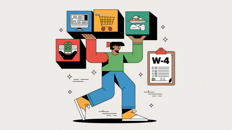 A person juggling blocks representing multiple jobs and a clipboard labeled "W-4".