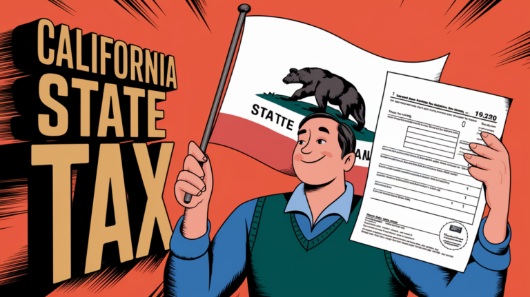 An advertising illustration featuring a cheerful taxpayer confidently examining a California tax form