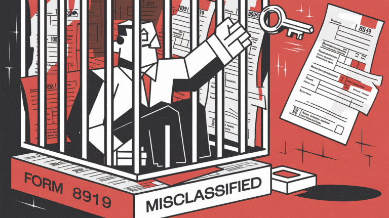 A worker trapped in a cage of tax forms reaching for a key labeled "Form 8919.