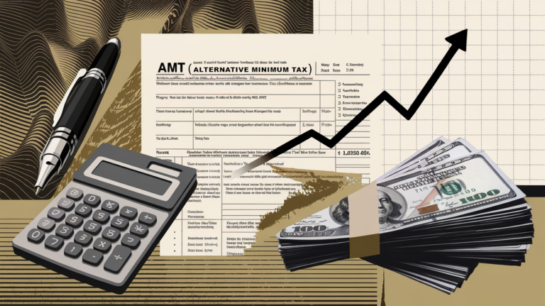 A collage illustration combining various elements related to the AMT, including tax forms, calculators, and money.