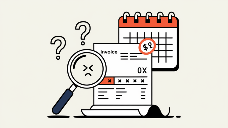 Line art of a magnifying glass inspecting an invoice with errors