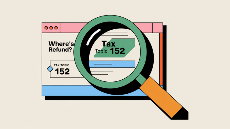 A block illustration of a magnifying glass inspecting a computer screen showing the IRS "Where's My Refund?" tool with Tax Topic 152 highlighted.