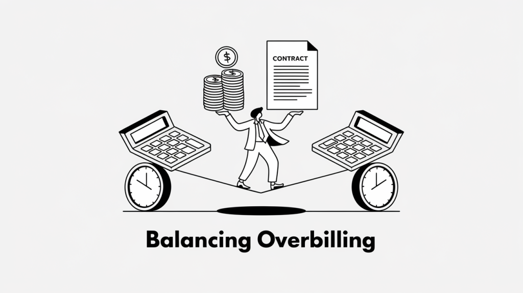 Line art of a person balancing coins and a contract on a tightrope, symbolizing the challenges of managing overbilling