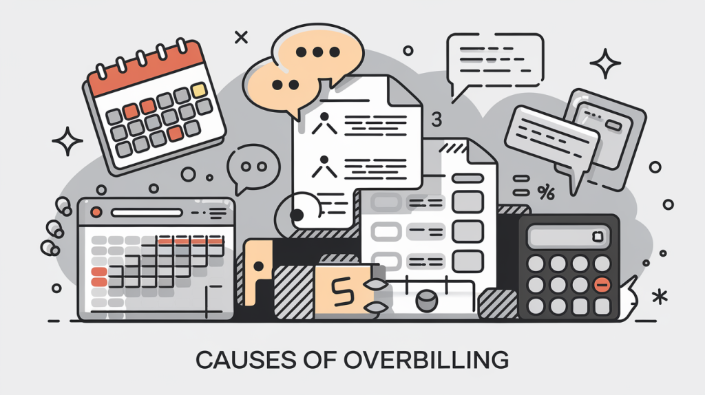 Vector art illustrating causes of overbilling, including missed deadlines, miscommunication, errors, and incomplete documentation