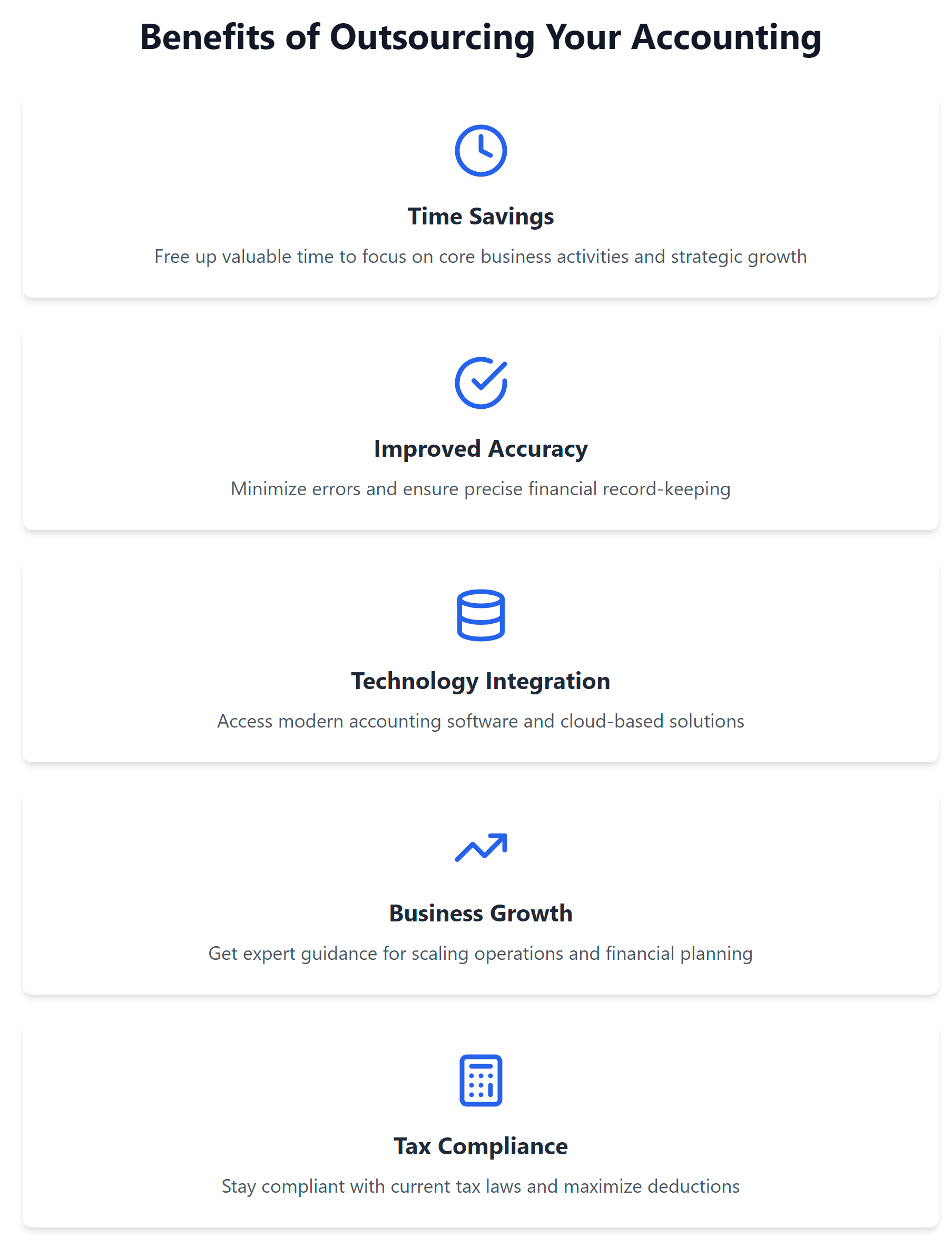 Infographic highlighting the key benefits of outsourcing, such as time savings, accuracy, technology, growth support, and tax compliance