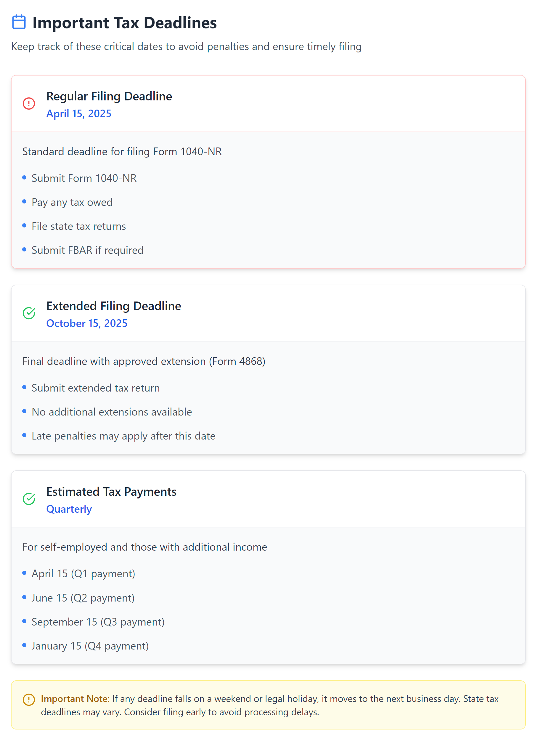 Tax filing deadlines visualization showing three key dates in card format. First card (marked urgent): Regular Filing Deadline - April 15, 2025, for submitting Form 1040-NR, paying taxes, filing state returns, and FBAR. Second card: Extended Filing Deadline - October 15, 2025, for those with approved Form 4868 extensions. Third card: Quarterly Estimated Tax Payments showing four deadlines - April 15 (Q1), June 15 (Q2), September 15 (Q3), and January 15 (Q4). Includes important note about holidays affecting deadlines.