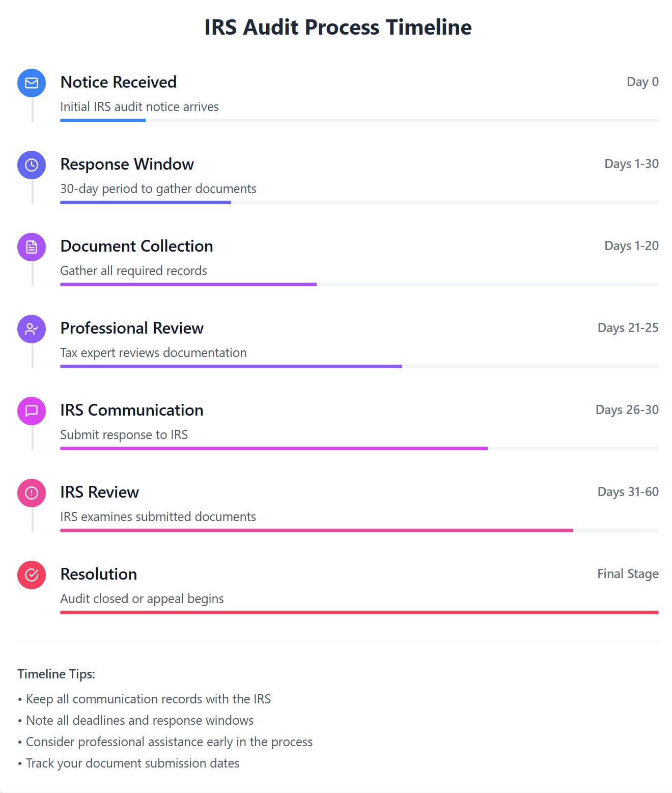 Visual IRS Audit Stages Timeline