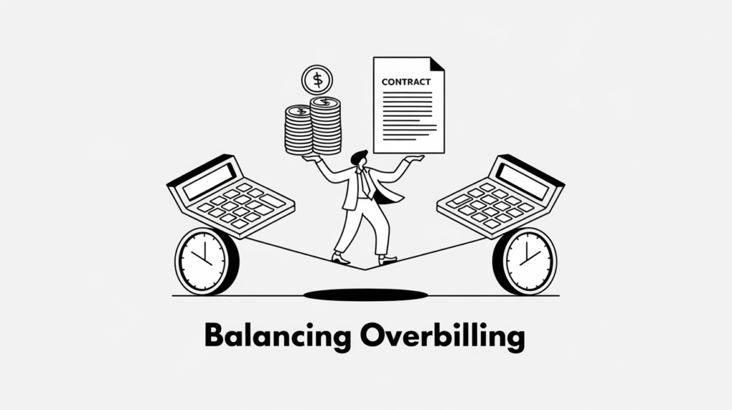 Line art of a person balancing coins and a contract on a tightrope, symbolizing the challenges of managing overbilling