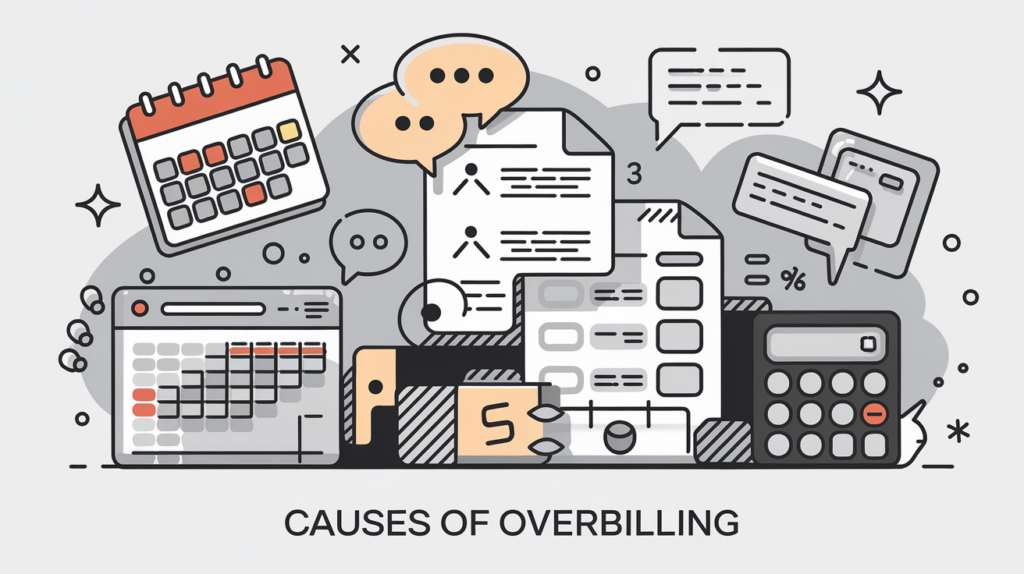 Vector art illustrating causes of overbilling, including missed deadlines, miscommunication, errors, and incomplete documentation