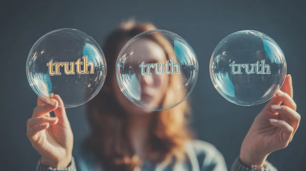 Three people each holding a myth bubble, with a truth bubble popping each one.