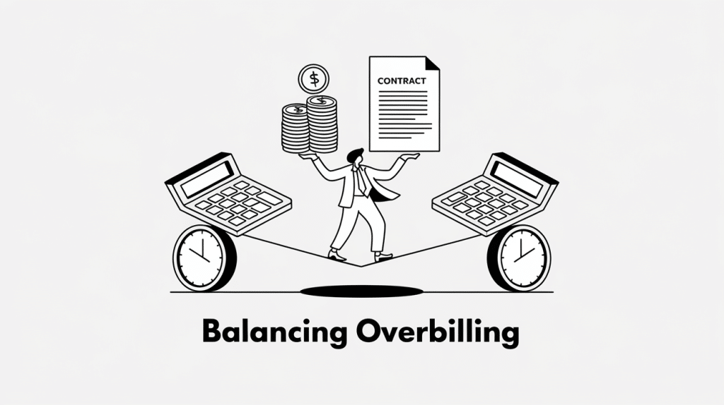 Line art of a person balancing coins and a contract on a tightrope, symbolizing the challenges of managing overbilling