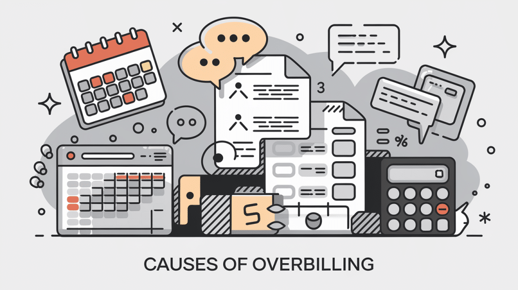 Vector art illustrating causes of overbilling, including missed deadlines, miscommunication, errors, and incomplete documentation
