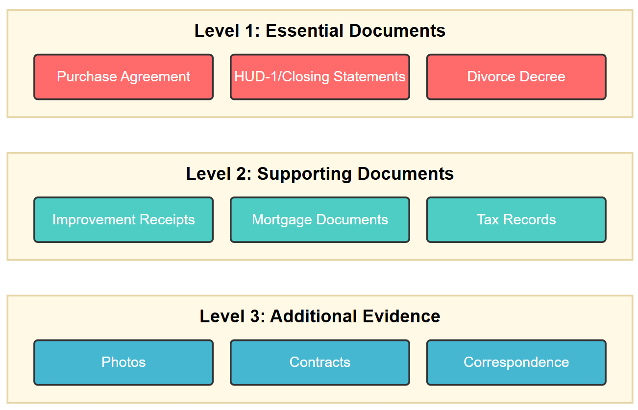 A hierarchical pyramid showing three levels of documentation importance for cost basis verification. Level 1 (Essential Documents) at the top shows Purchase Agreement, HUD-1/Closing Statements, and Divorce Decree in red. Level 2 (Supporting Documents) in the middle displays Improvement Receipts, Mortgage Documents, and Tax Records in teal. Level 3 (Additional Evidence) at the bottom lists Photos, Contracts, and Correspondence in blue. The pyramid structure emphasizes the relative importance and complementary nature of different documentation types.