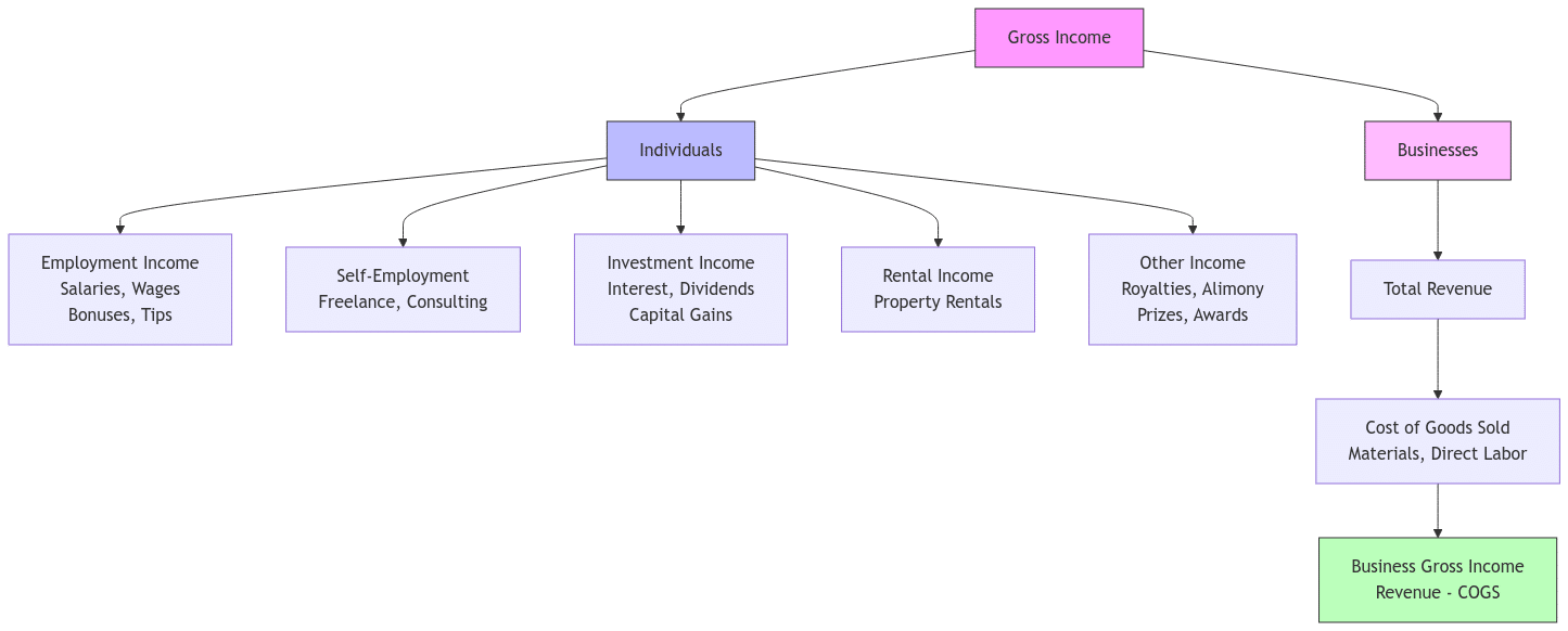 Flowchart showing gross income components split between individuals (employment, self-employment, investment, rental, and other income) and businesses (total revenue minus cost of goods sold)