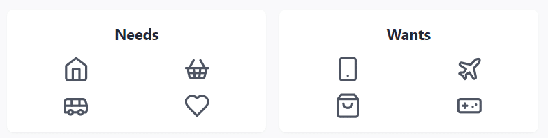 An infographic with two columns, one labeled "Needs" and the other "Wants." The "Needs" column shows icons of a house, a grocery basket, a bus, and a first aid kit. The "Wants" column shows icons of a smartphone, a plane, a shopping bag, and a video game controller.