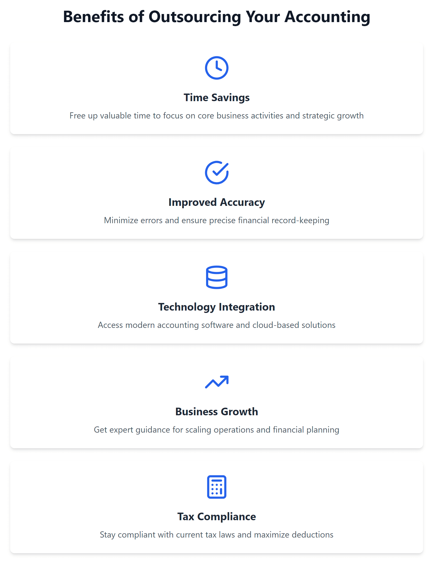 Infographic highlighting the key benefits of outsourcing, such as time savings, accuracy, technology, growth support, and tax compliance