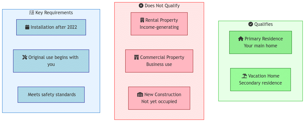 Visual comparison table showing which property types qualify for solar tax credit, using icons and color coding to contrast primary homes, vacation homes, and rental properties, along with their respective eligibility status.