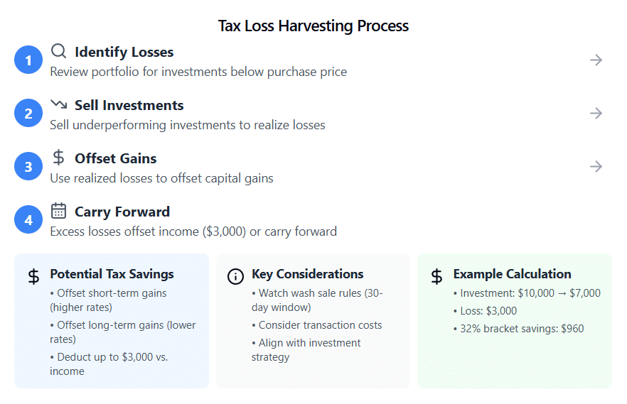 An infographic illustrating the process of tax loss harvesting, with visuals for each step: identifying losing investments, selling them, offsetting gains, and carrying forward losses.